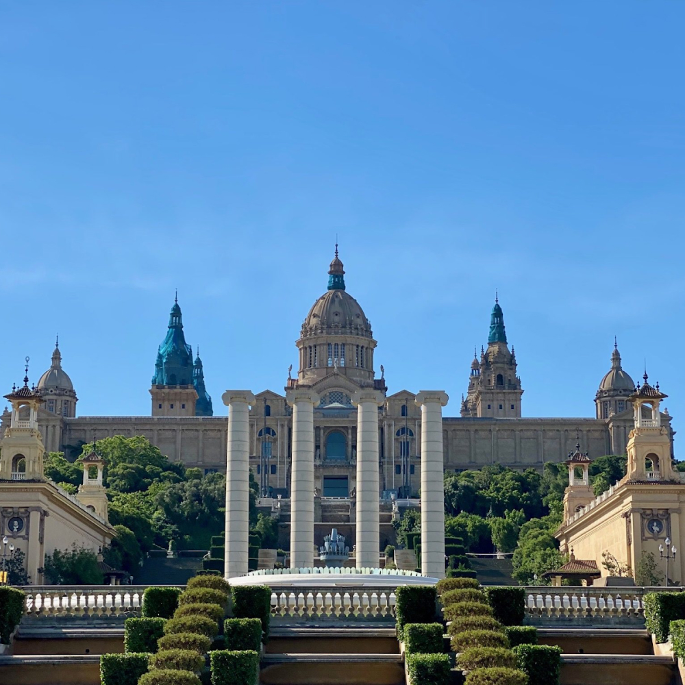 Front view of the National Palace (Palau Nacional) in Barcelona, home to the MNAC museum, with its iconic domes and cascading fountains.