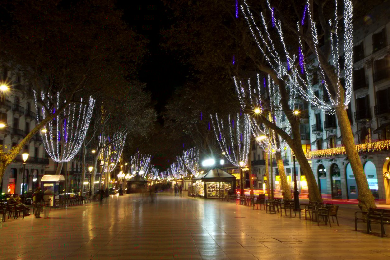 Las Ramblas in Barcelona at night, with trees and a pedestrian walkway lined with benches and street lamps