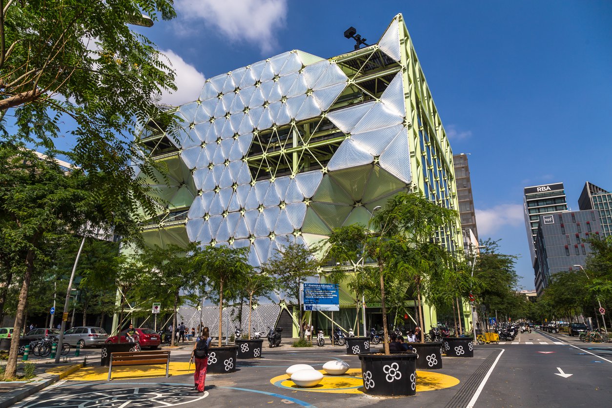 The Media-TIC building in Barcelona with a geometric translucent facade in the 22@ district.