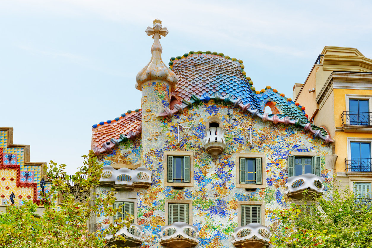Close-up view of the colorful façade of Casa Batlló, a famous modernist building designed by Antoni Gaudí in Barcelona.