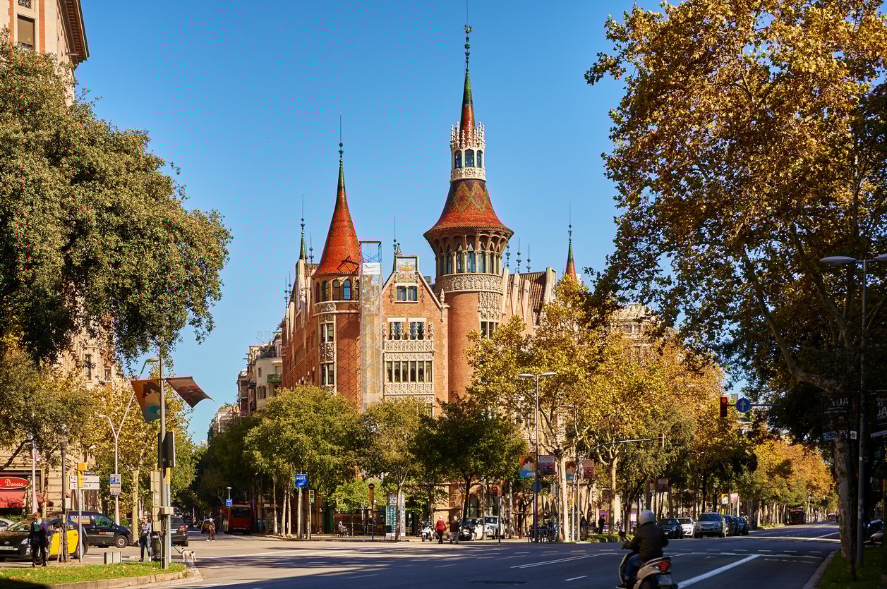 The Casa de les Punxes, a modernist building with distinctive pointed towers, designed by Josep Puig i Cadafalch, located in Barcelona, Spain.