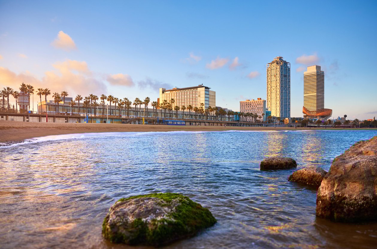 Barceloneta beach view with the city in the background