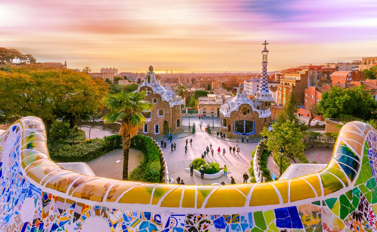 View of Park Guell entrance and iconic art