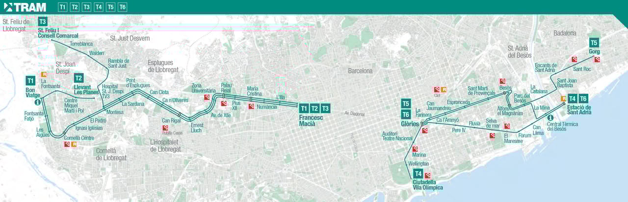 Map showing all barcelona tram stops