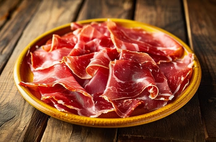 Plate of thinly sliced Iberian Jamón, a traditional Spanish cured ham, served on a rustic wooden table.