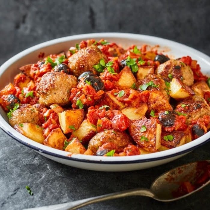 Typical tapas consisting of patatas bravas