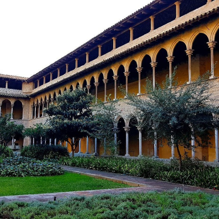 Cloister at the Monastery of Pedralbes in Barcelona, with arches and a peaceful courtyard garden.