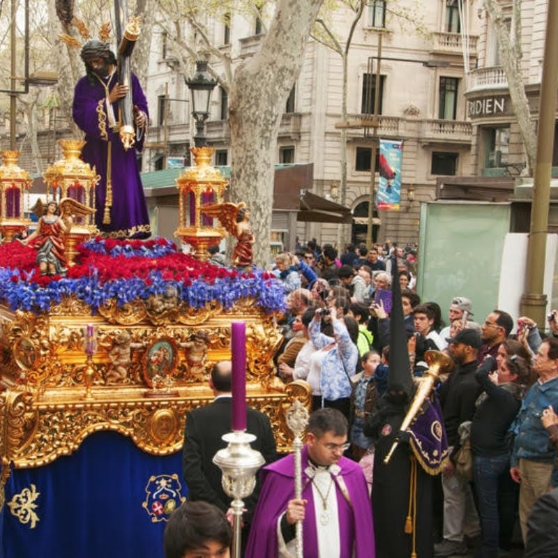 A float with religious decorations going through the city