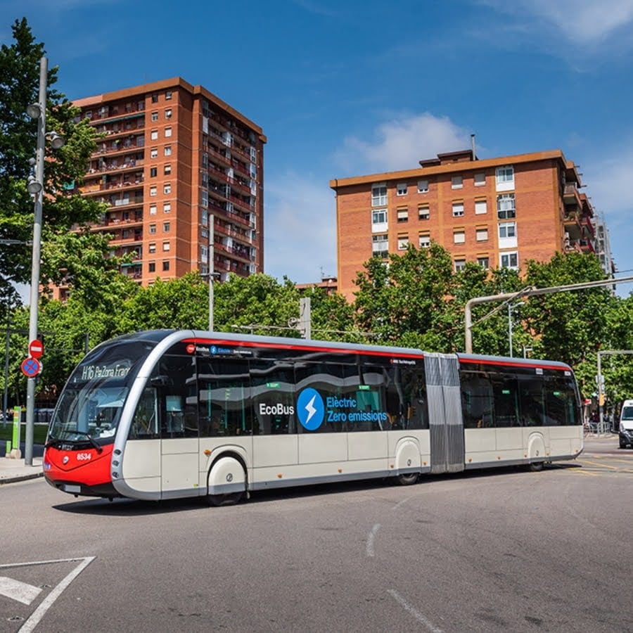 Electric public transport bus driving in Barcelona