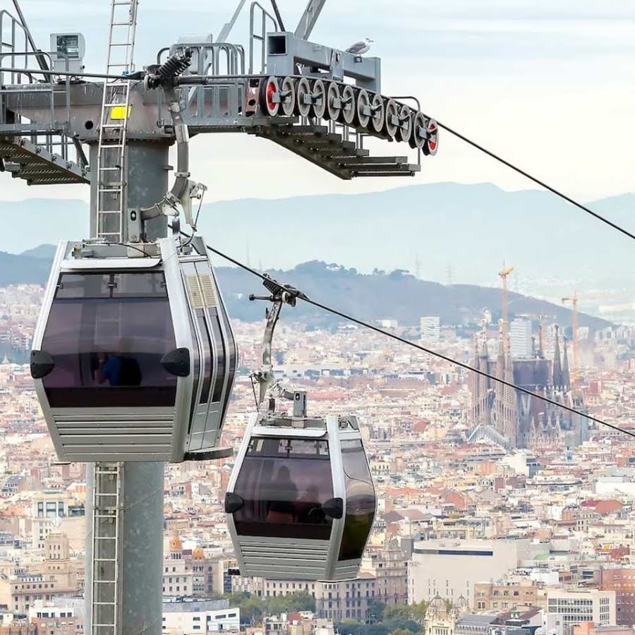Cable cars with barcelona, including the sagrada familia on the background