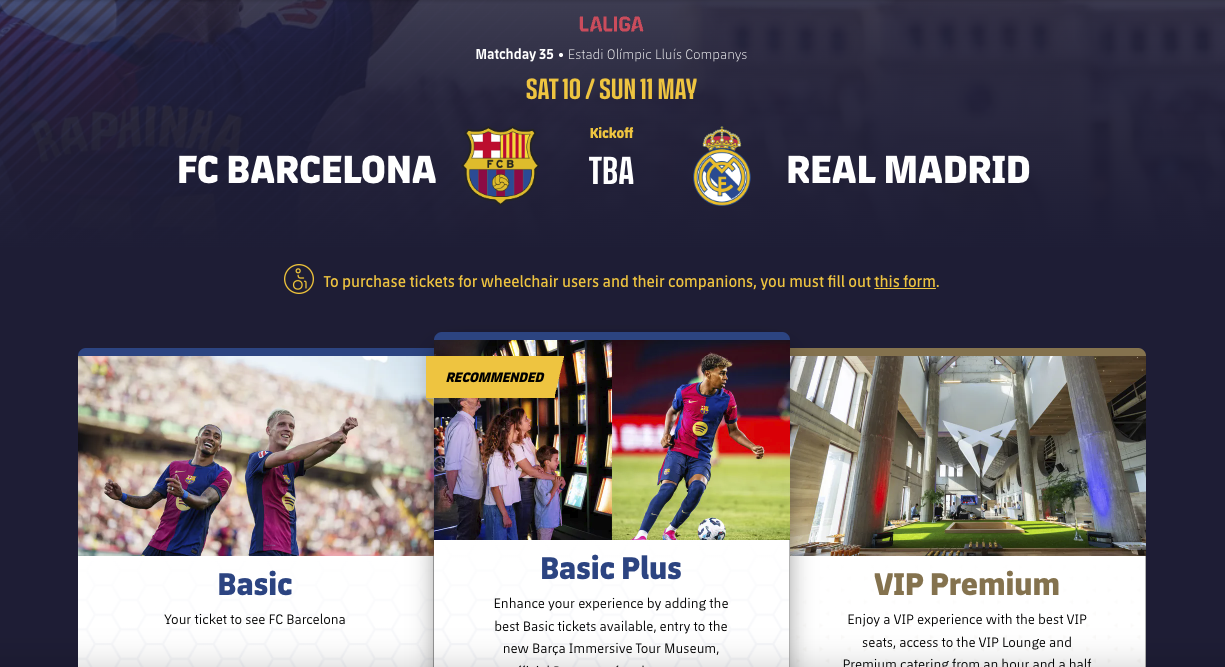 Screenshot of fc barcelona site where you can buy ticket for el clasico