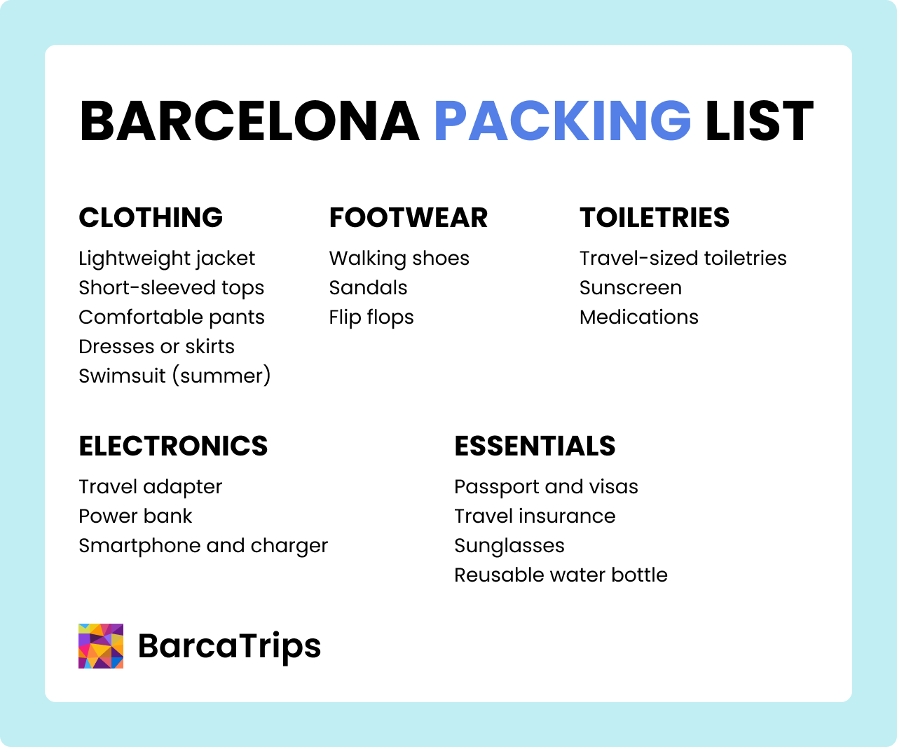 Infographic with a clear list of things to pack when visiting barcelona