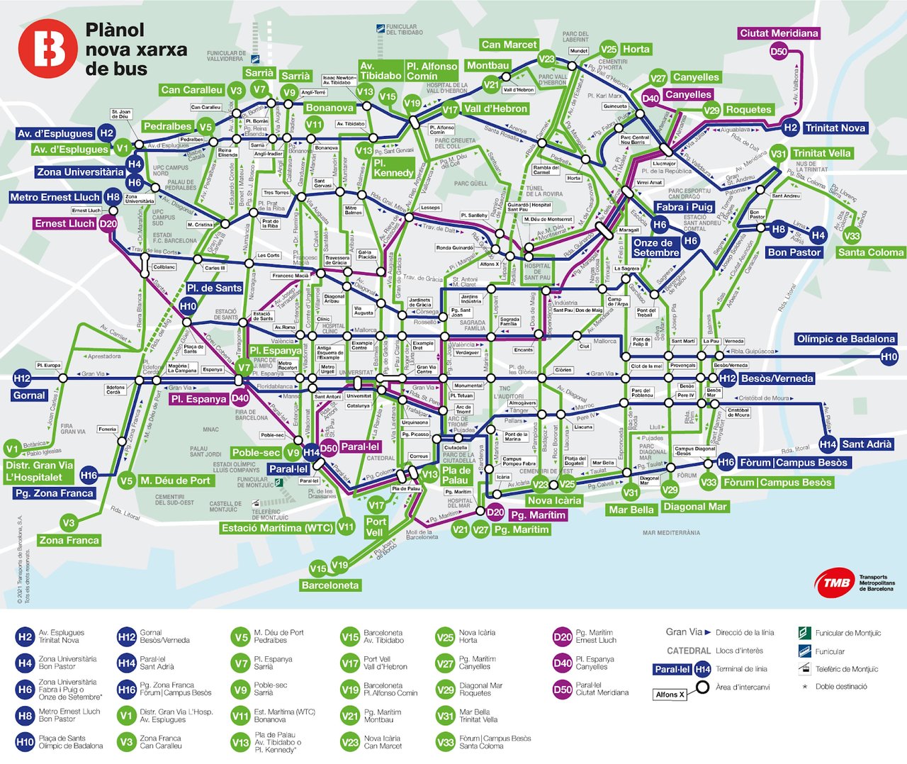 A detailed map of the new bus network in Barcelona showing various routes and stops.