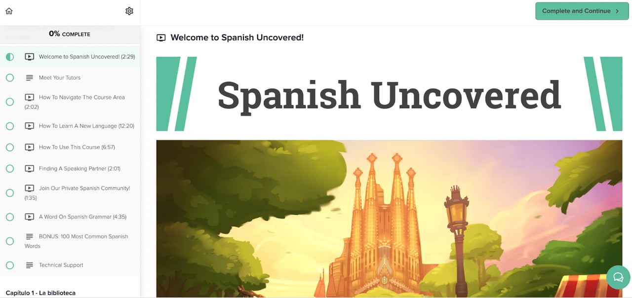 Screenshot of the StoryLearning Spanish uncovered course