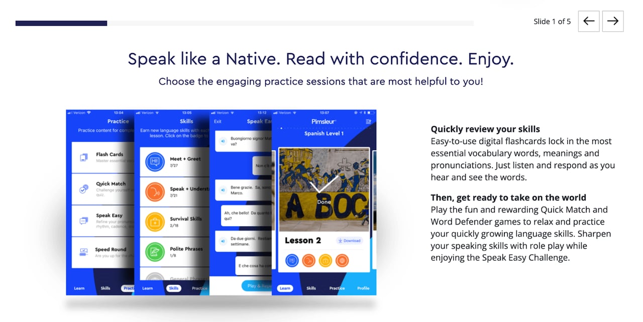 Informational slide about the Pimsleur app