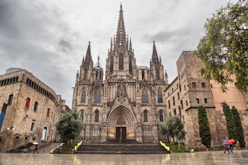 The Gothic Barcelona Cathedral, a historical landmark with intricate stone architecture.