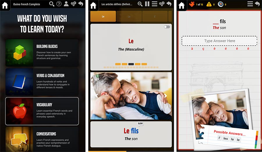 Ouino Spanish app with couple of exercise examples
