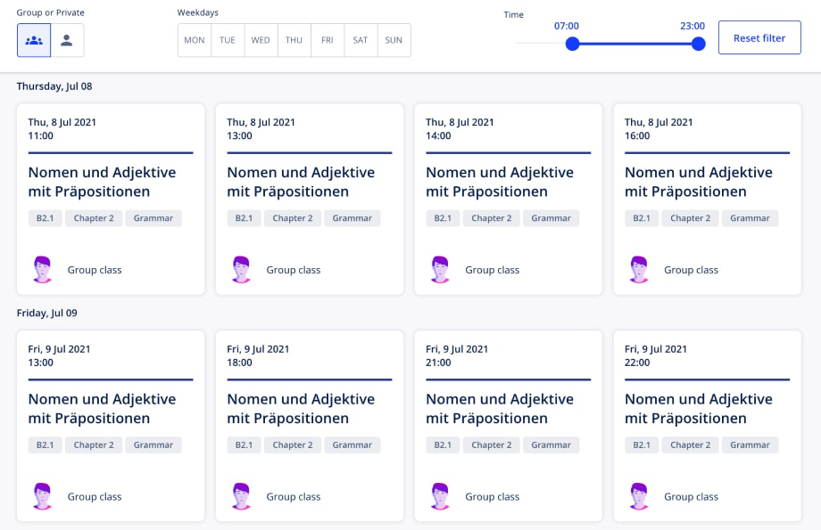 A screenshot of the Lingoda lessons overview