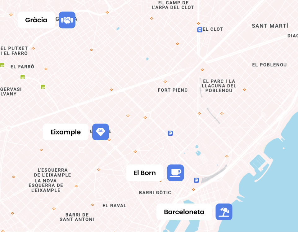 Map with all the locations of the safer areas in Barcelona