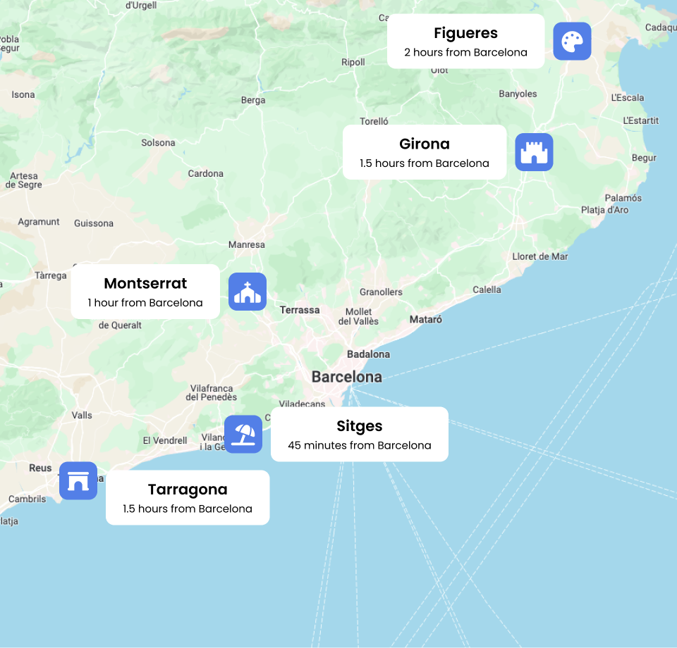 Map showing distance from Barcelona to Girona, Montserrat, Sitges, Tarragona and Figueres