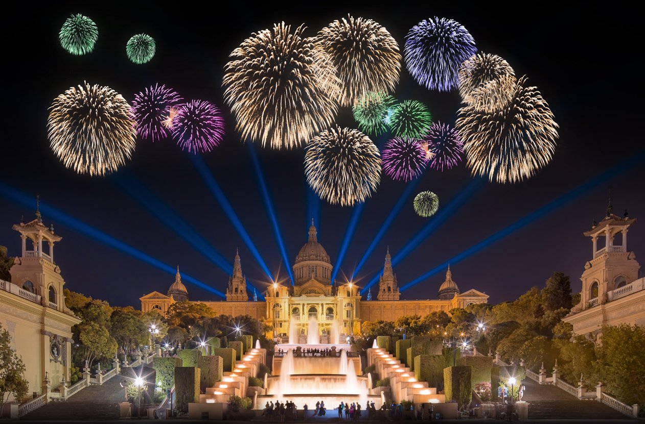 Fireworks at magic fountain in barcelona